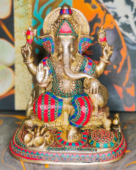 Ganesha Brass statue with stonework 13 inch - Budhshiv.com