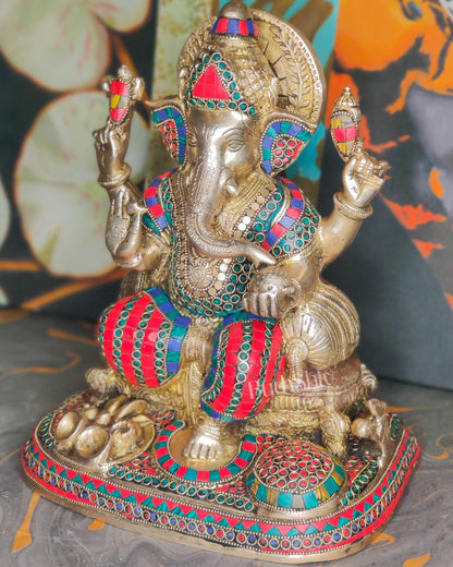 Ganesha Brass statue with stonework 13 inch - Budhshiv.com