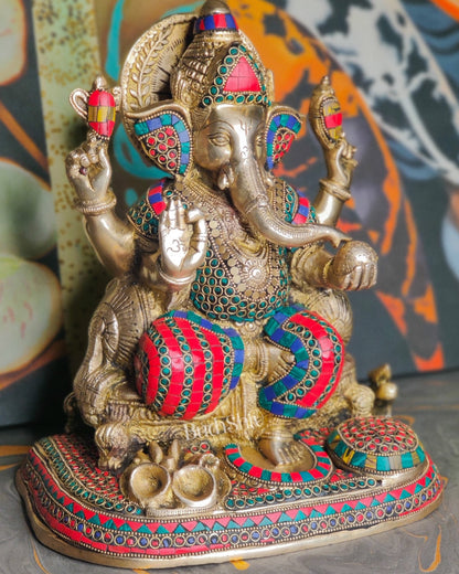 Ganesha Brass statue with stonework 13 inch - Budhshiv.com