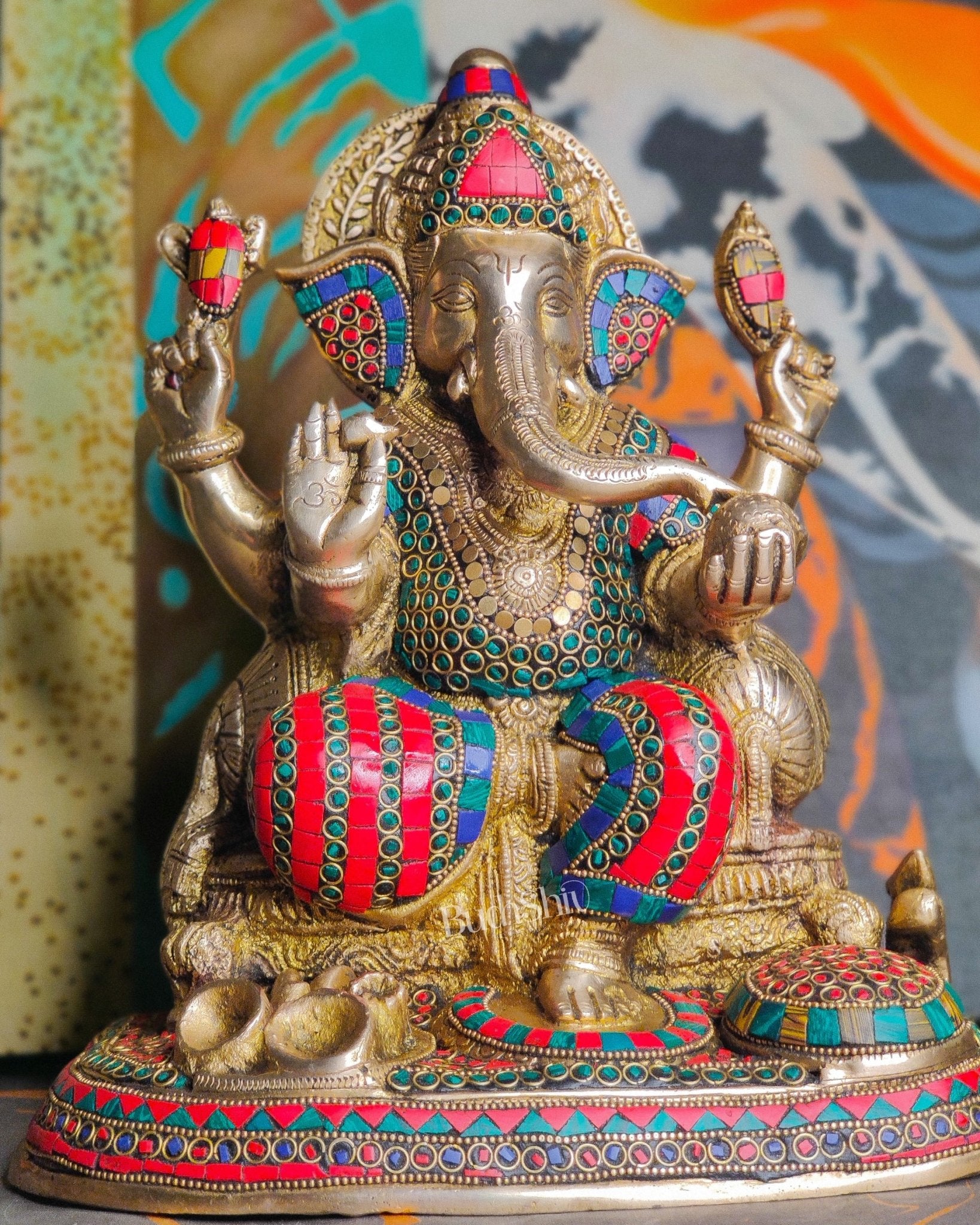 Ganesha Brass statue with stonework 13 inch - Budhshiv.com