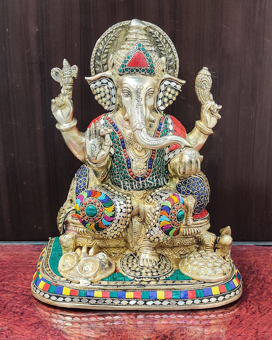 Ganesha Brass statue with stonework 13 inch - Budhshiv.com