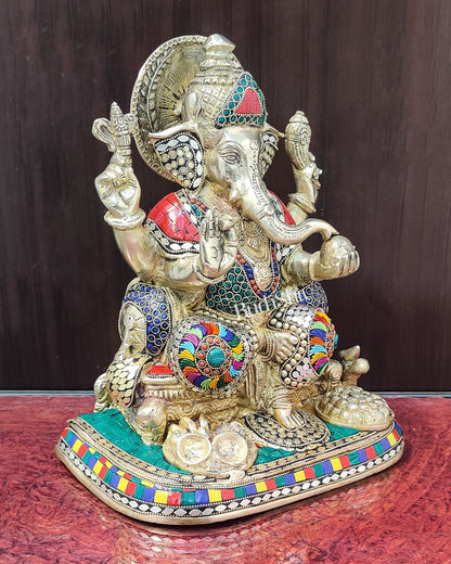 Ganesha Brass statue with stonework 13 inch - Budhshiv.com