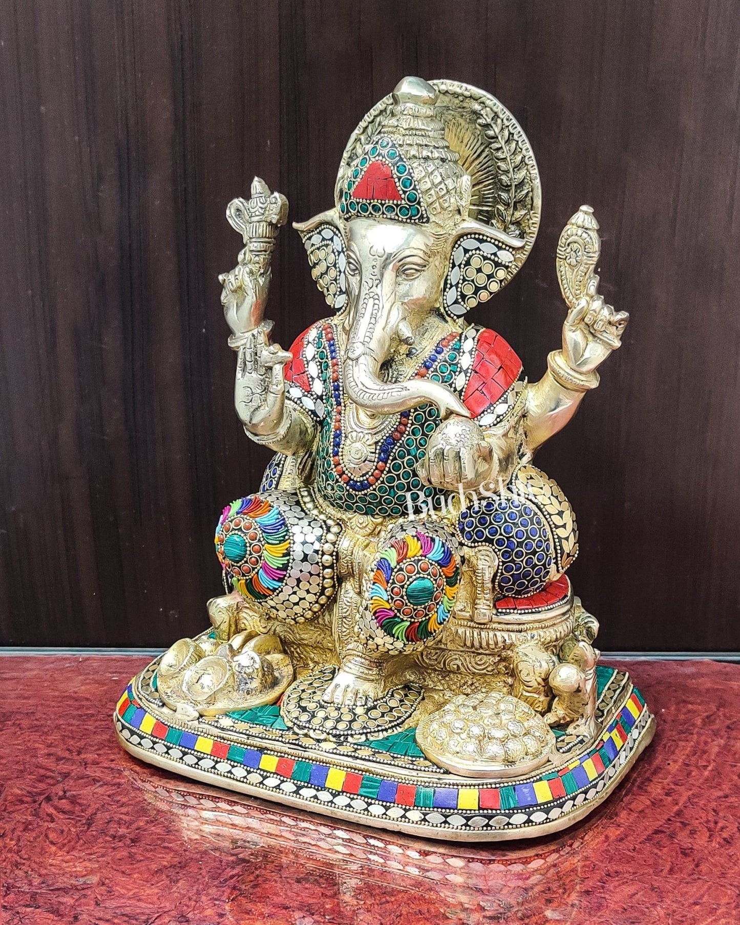 Ganesha Brass statue with stonework 13 inch - Budhshiv.com