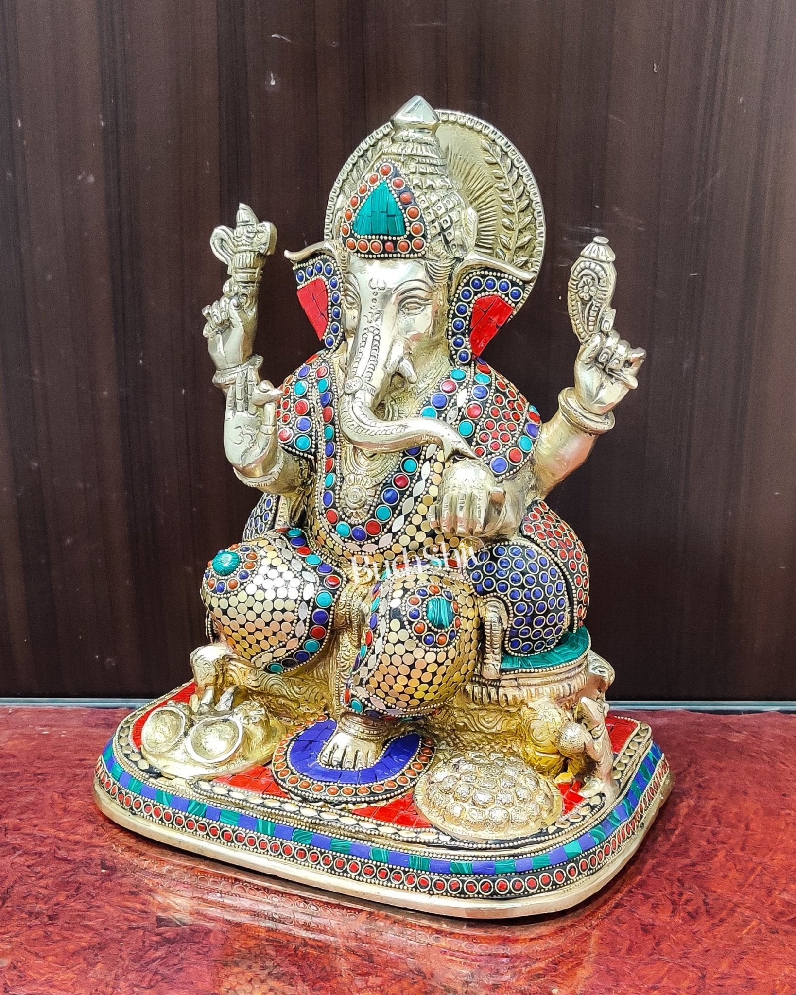 Ganesha Brass statue with stonework 13 inch - Budhshiv.com