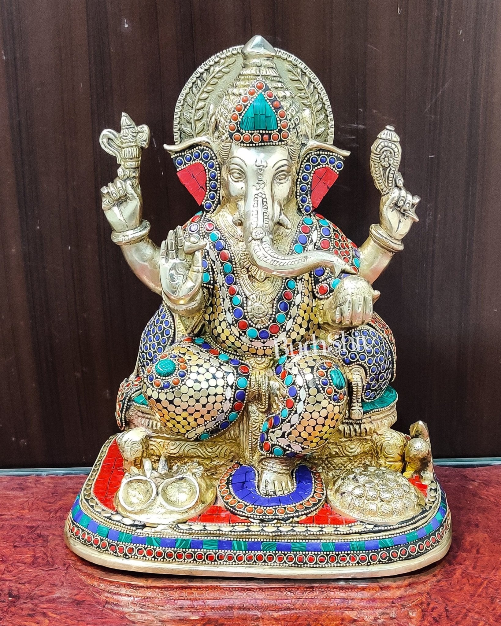 Ganesha Brass statue with stonework 13 inch - Budhshiv.com