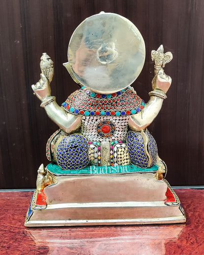 Ganesha Brass statue with stonework 13 inch - Budhshiv.com