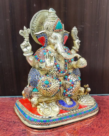 Ganesha Brass statue with stonework 13 inch - Budhshiv.com