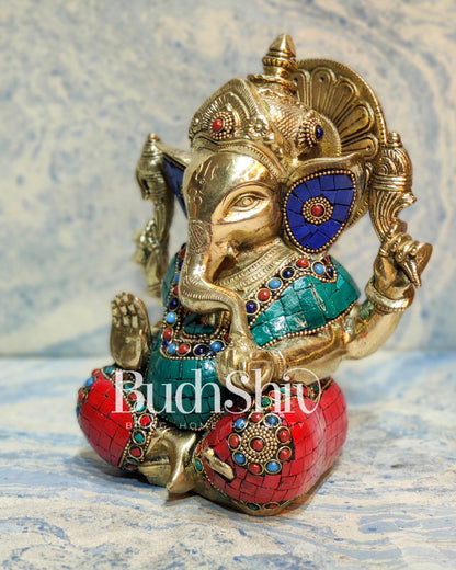 Ganesha enchanting brass idol with meenakari stonework | suitable for office desk/study table/ temple - Budhshiv.com