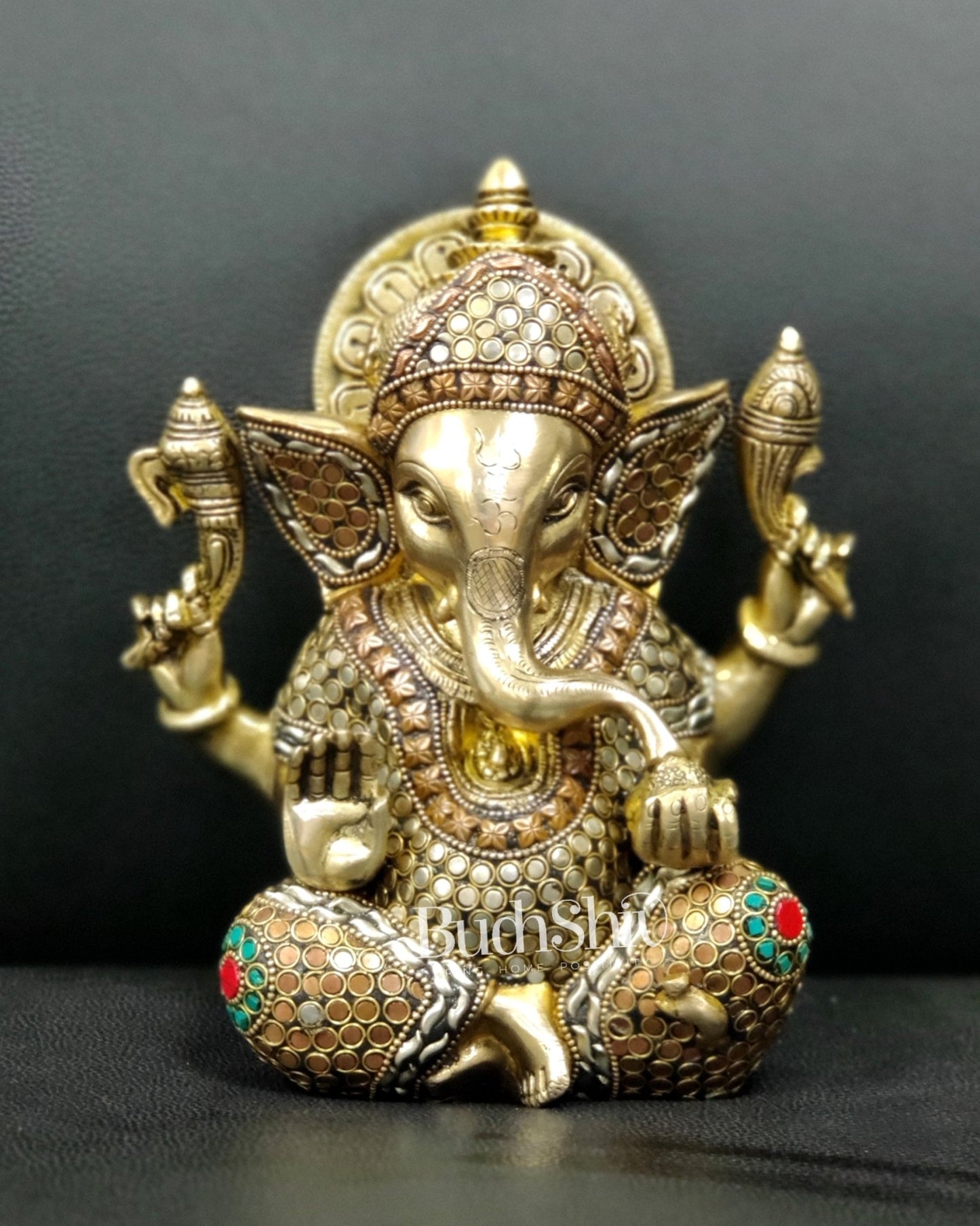 Ganesha enchanting brass idol with meenakari stonework | suitable for office desk/study table/ temple - Budhshiv.com