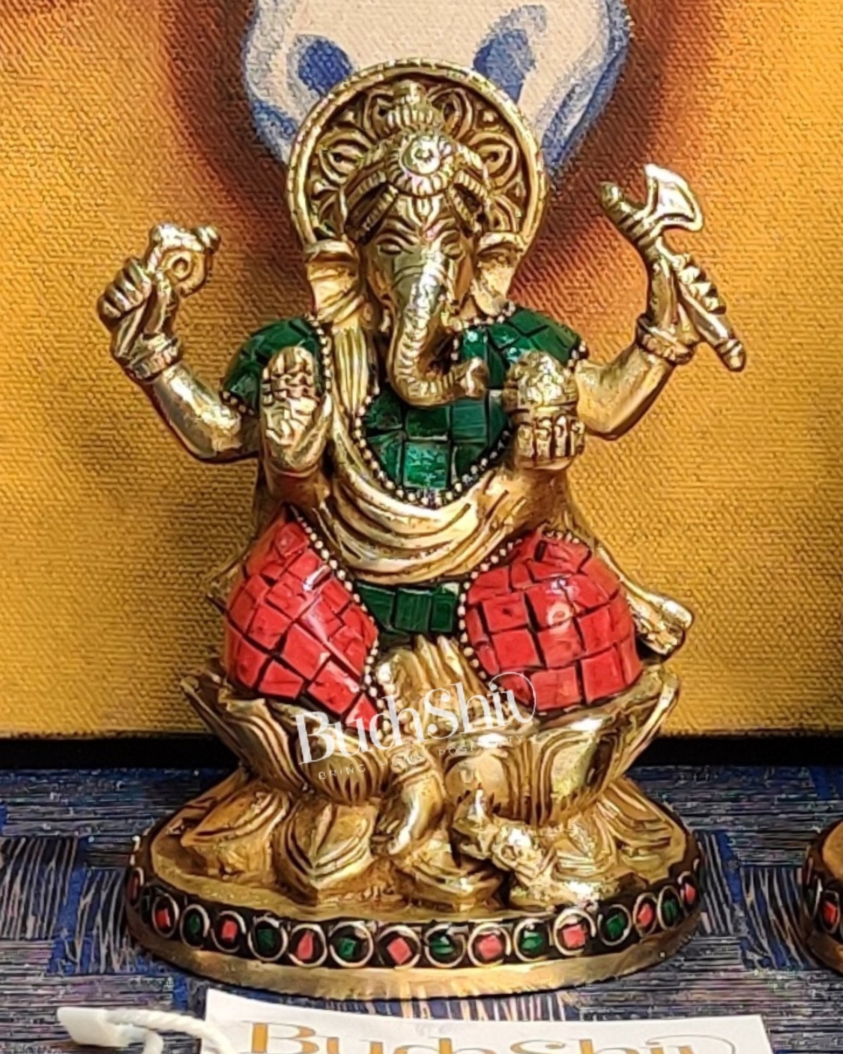 Ganesha enchanting brass idol with stonework | suitable for office desk/study table/ temple - Budhshiv.com