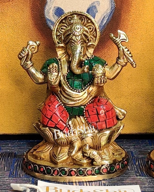 Ganesha enchanting brass idol with stonework | suitable for office desk/study table/ temple - Budhshiv.com