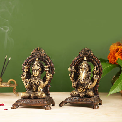 Ganesha Lakshmi Brass statue 7 inches brown finish - Budhshiv.com