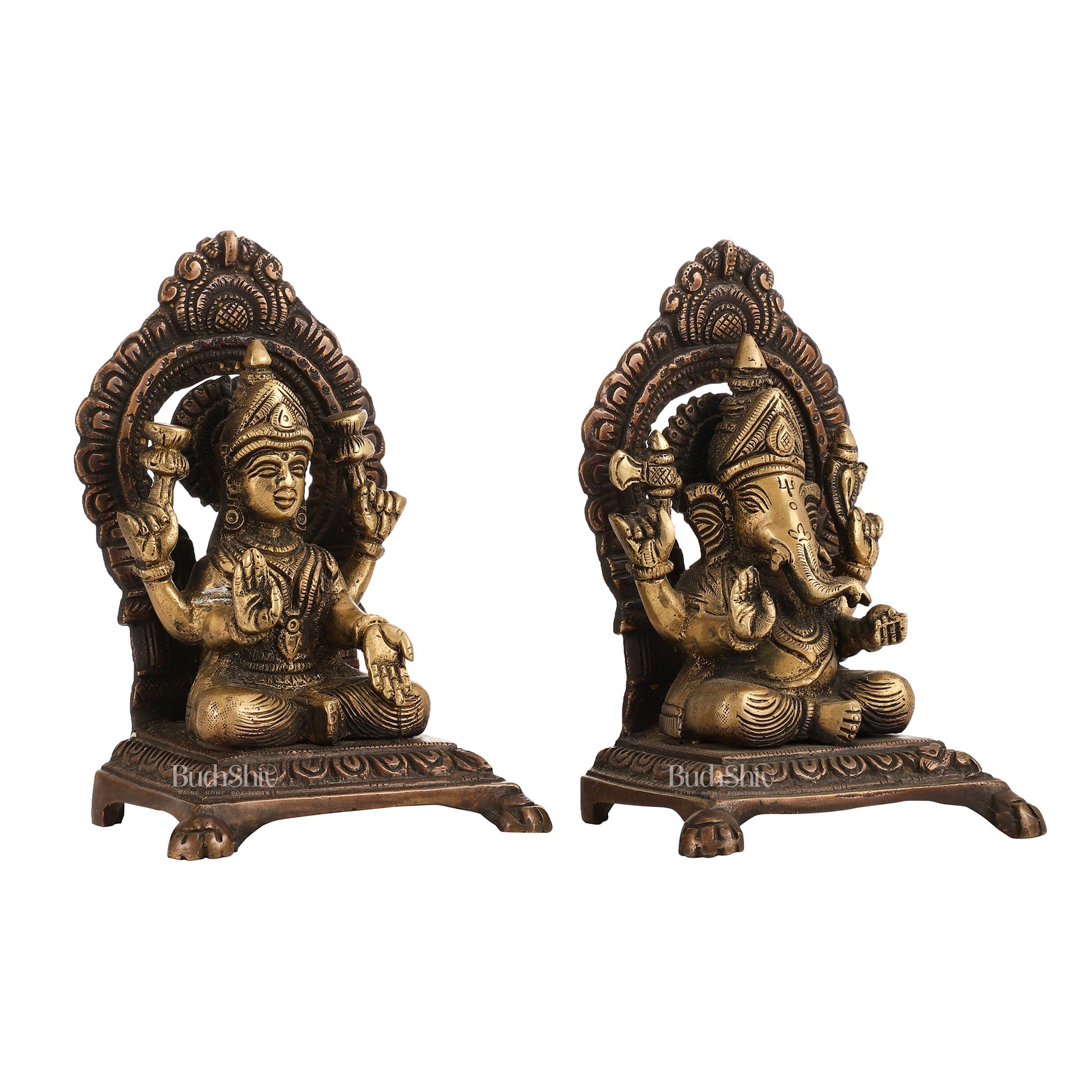 Ganesha Lakshmi Brass statue 7 inches brown finish - Budhshiv.com