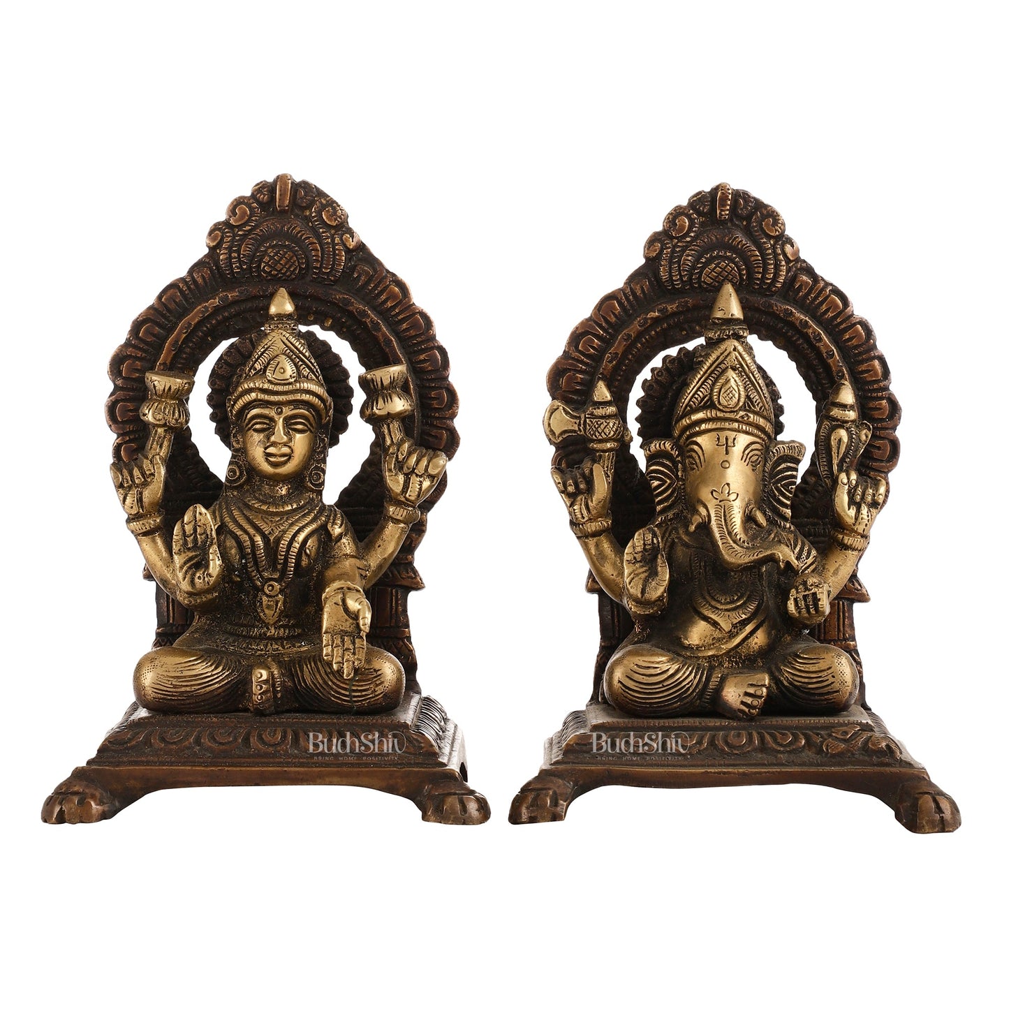 Ganesha Lakshmi Brass statue 7 inches brown finish - Budhshiv.com