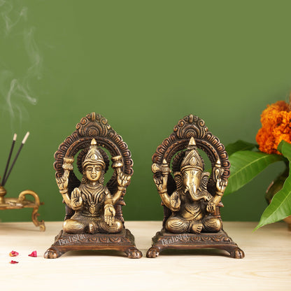 Ganesha Lakshmi Brass statue 7 inches brown finish - Budhshiv.com