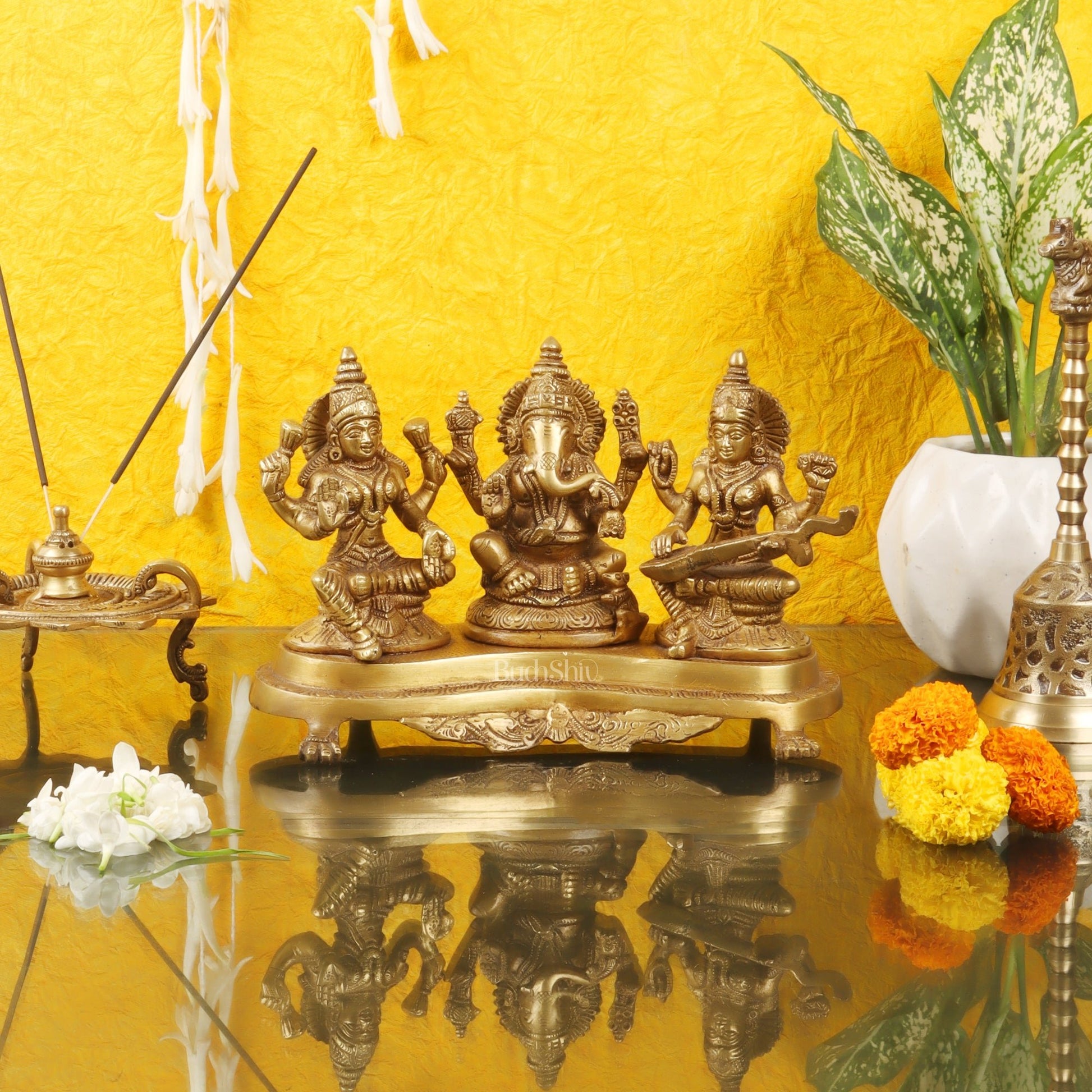 Ganesha Lakshmi Saraswati Brass Idol -6.5" golden - Budhshiv.com