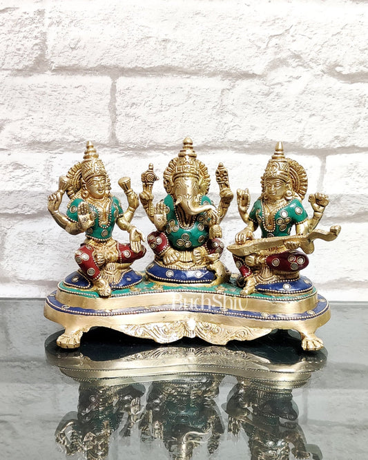 Ganesha Lakshmi Saraswati Brass Idol - Abundance and Wisdom 6.5" - Budhshiv.com