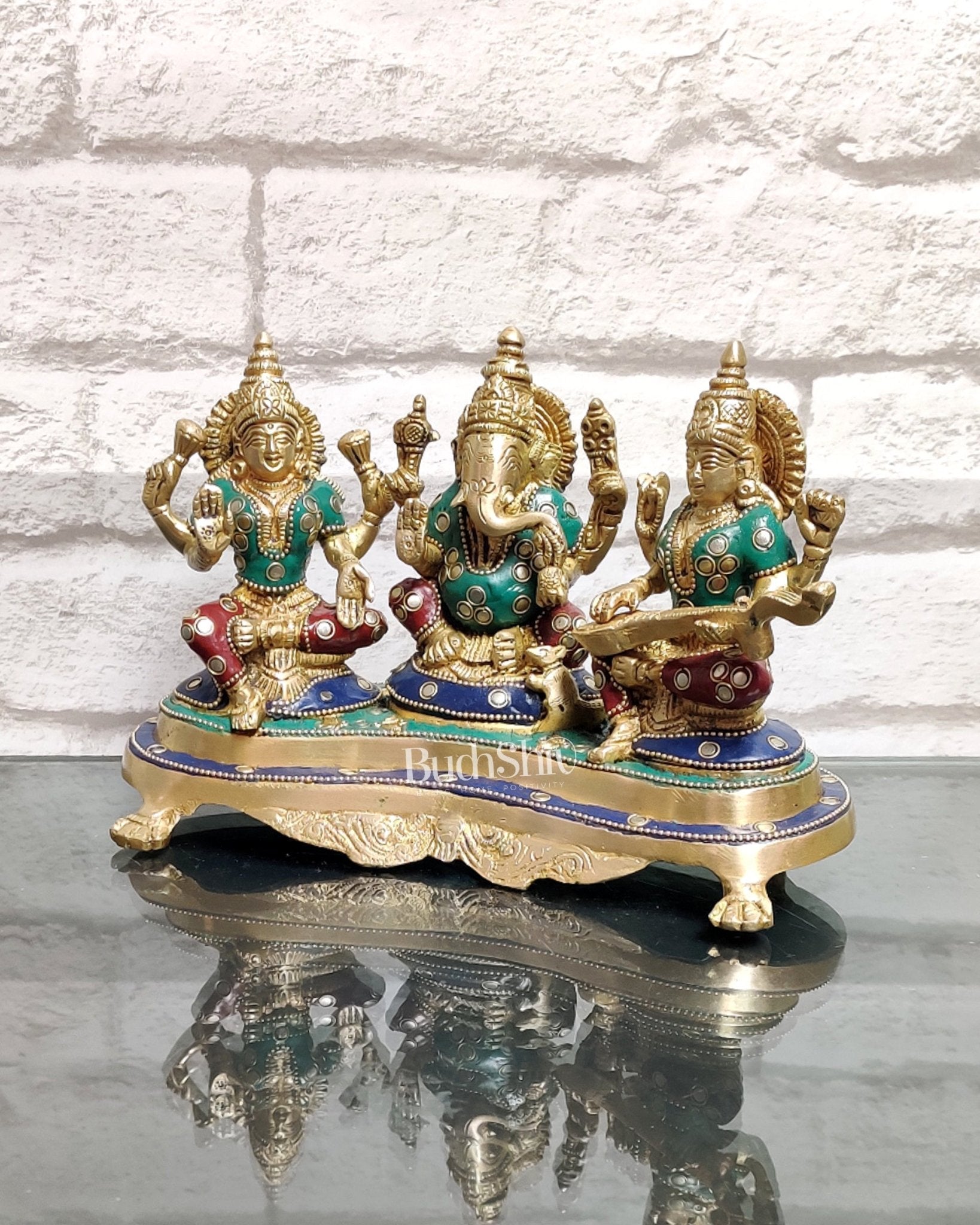 Ganesha Lakshmi Saraswati Brass Idol - Abundance and Wisdom 6.5" - Budhshiv.com