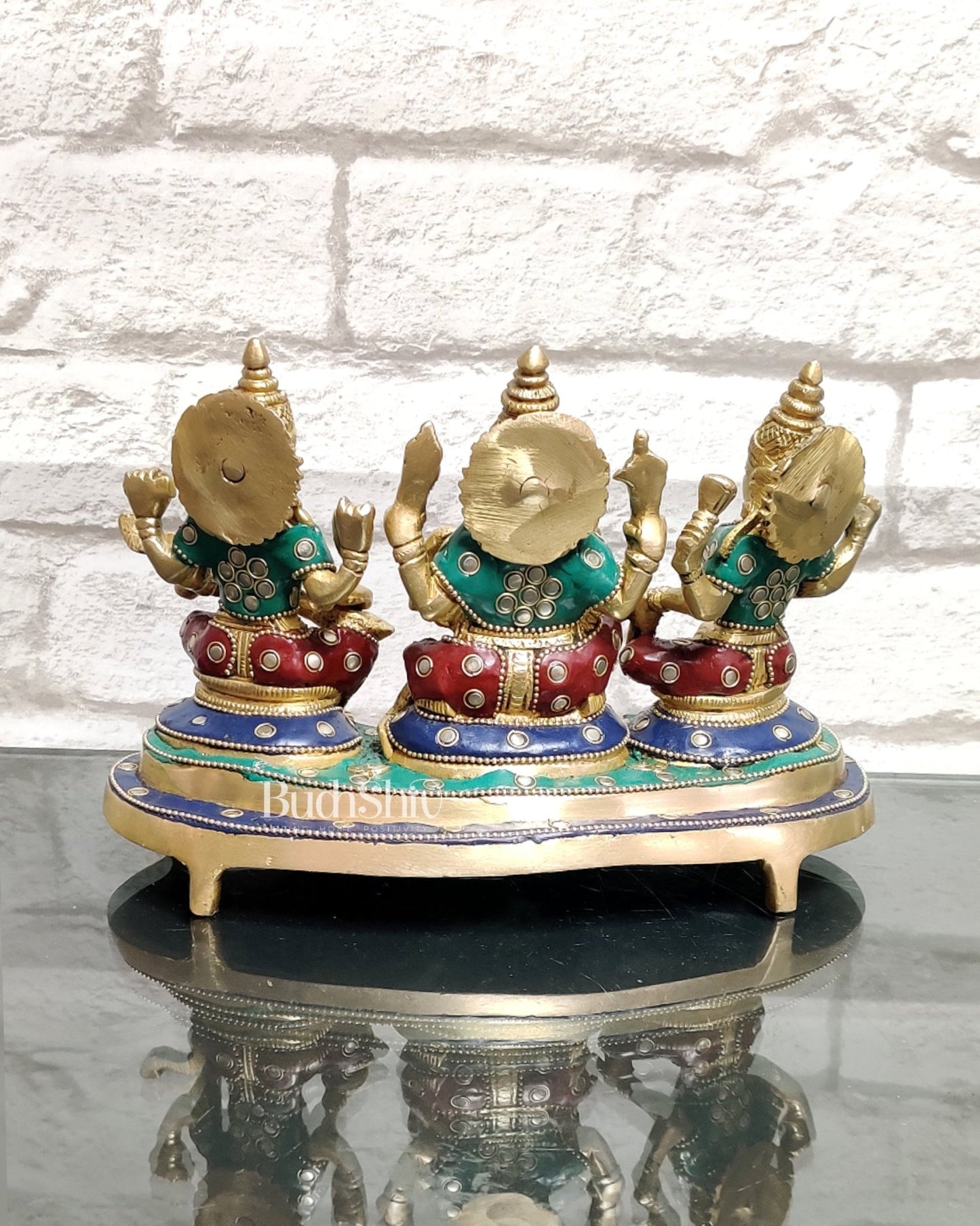 Ganesha Lakshmi Saraswati Brass Idol - Abundance and Wisdom 6.5" - Budhshiv.com