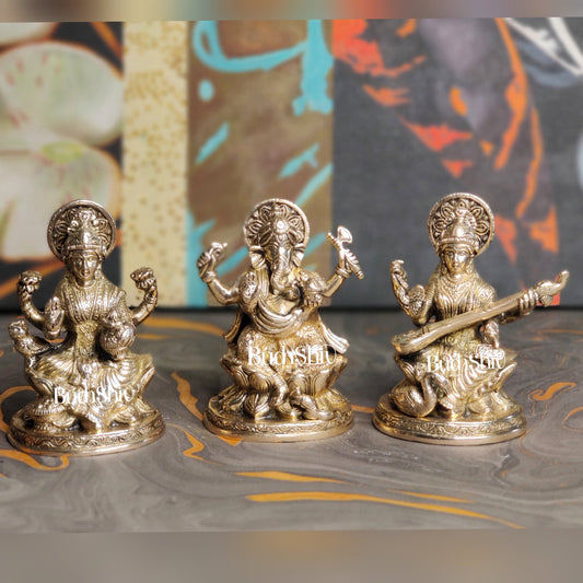 Ganesha Lakshmi Saraswati Brass Idol Set - Knowledge, Wealth, and Prosperity 5" - Budhshiv.com