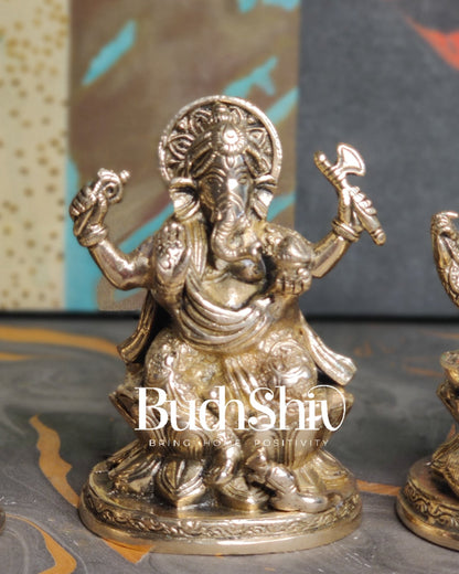 Ganesha Lakshmi Saraswati Brass Idol Set - Knowledge, Wealth, and Prosperity 5" - Budhshiv.com