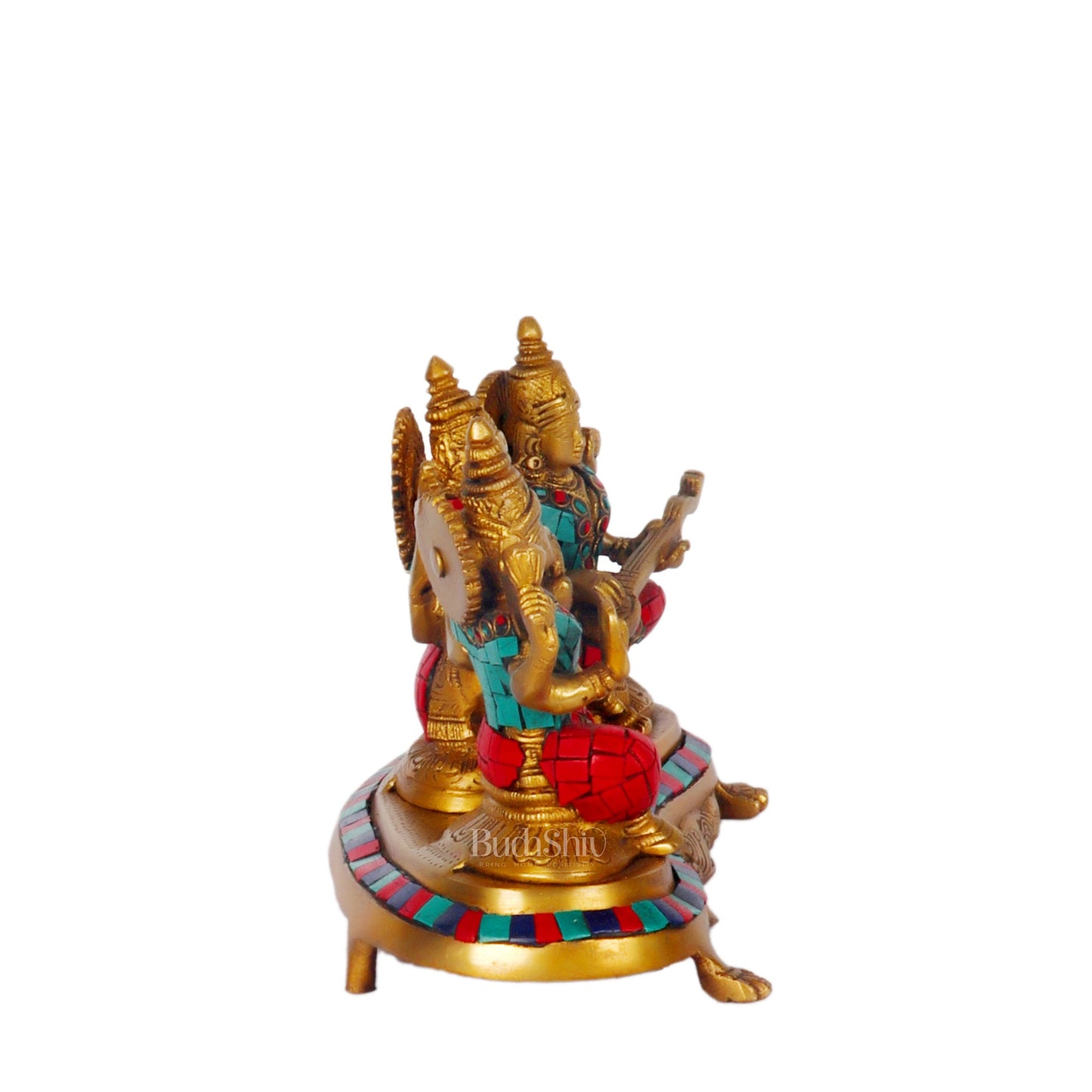 Ganesha Lakshmi Saraswati Brass Idols with meenakari stonework 6.5" - Budhshiv.com
