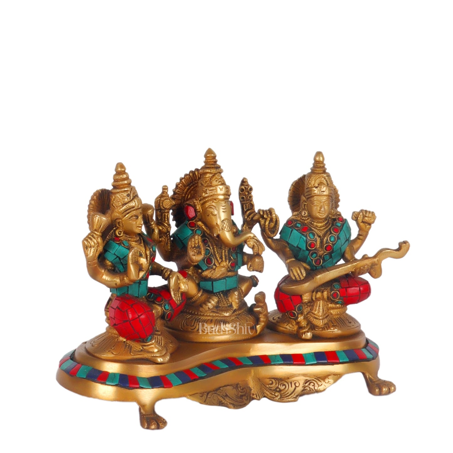 Ganesha Lakshmi Saraswati Brass Idols with meenakari stonework 6.5" - Budhshiv.com