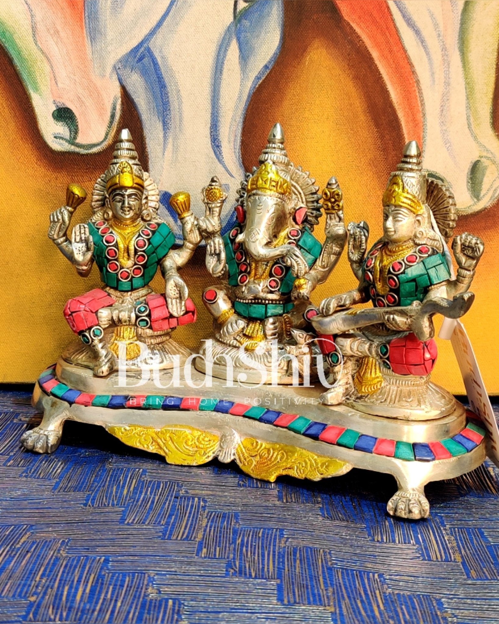 Ganesha Lakshmi Saraswati Brass Silver Tone Idol with stonework 6.5" - Budhshiv.com