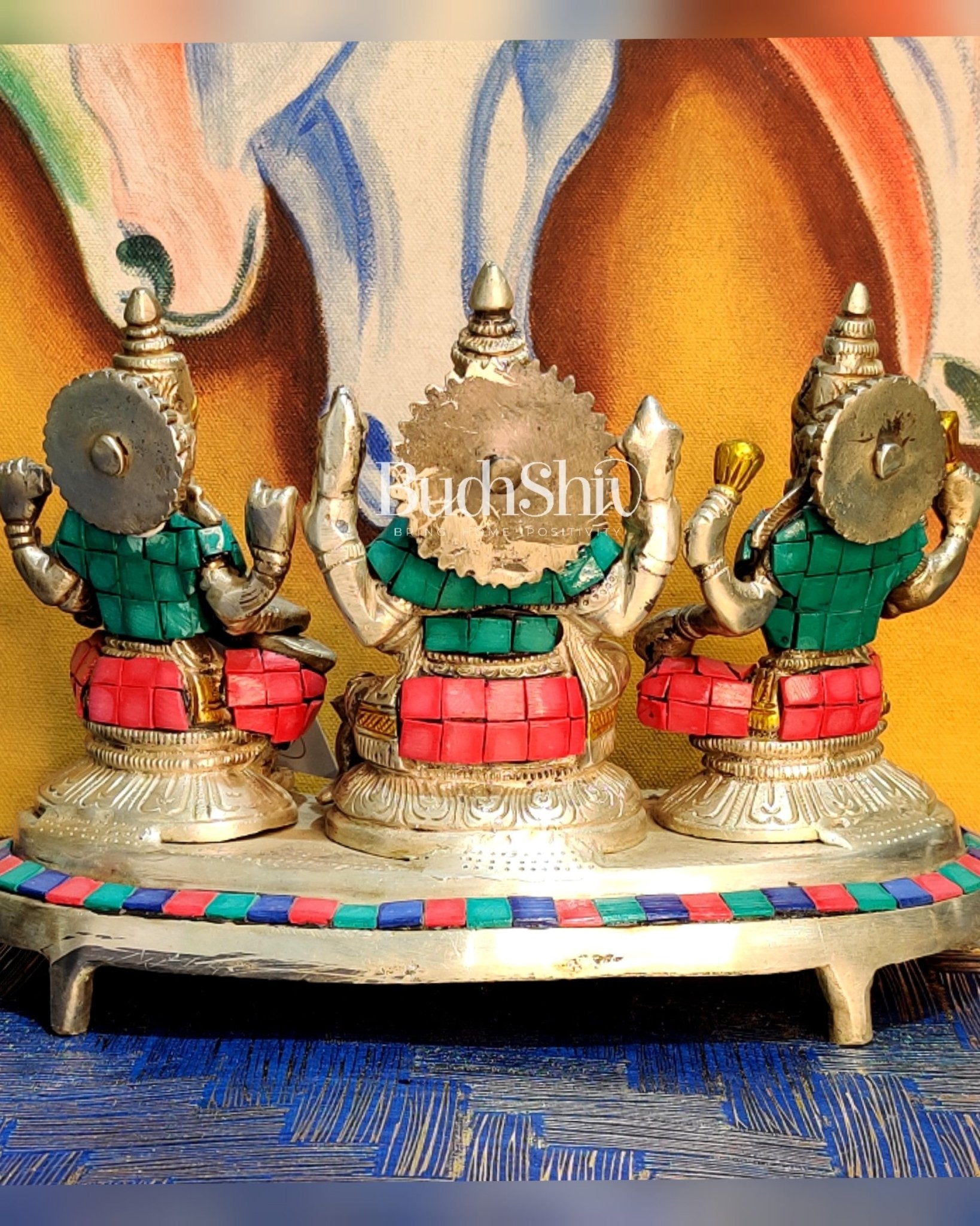 Ganesha Lakshmi Saraswati Brass Silver Tone Idol with stonework 6.5" - Budhshiv.com