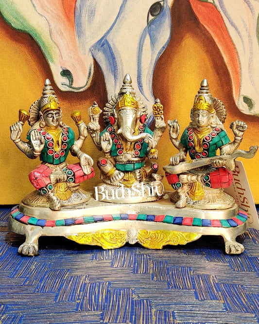 Ganesha Lakshmi Saraswati Brass Silver Tone Idol with stonework 6.5" - Budhshiv.com