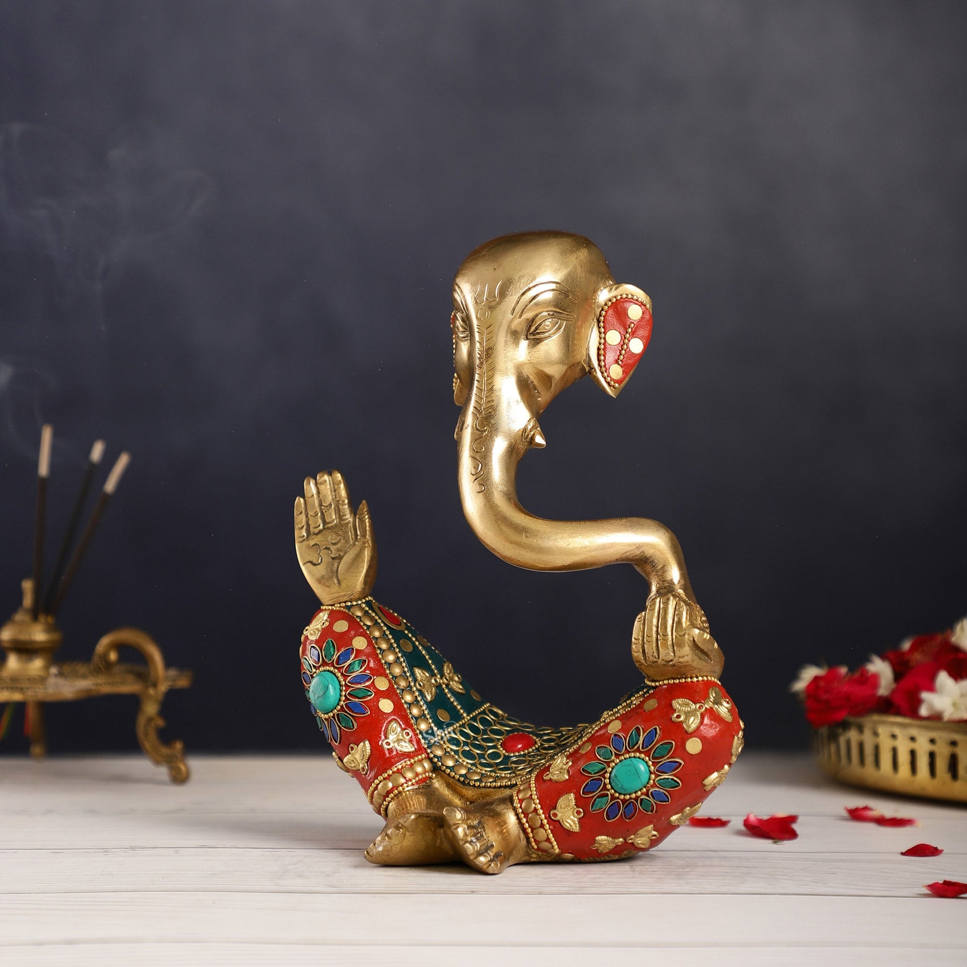 Ganesha modern Idol Abstract Brass with stonework 8.5 inch - Budhshiv.com