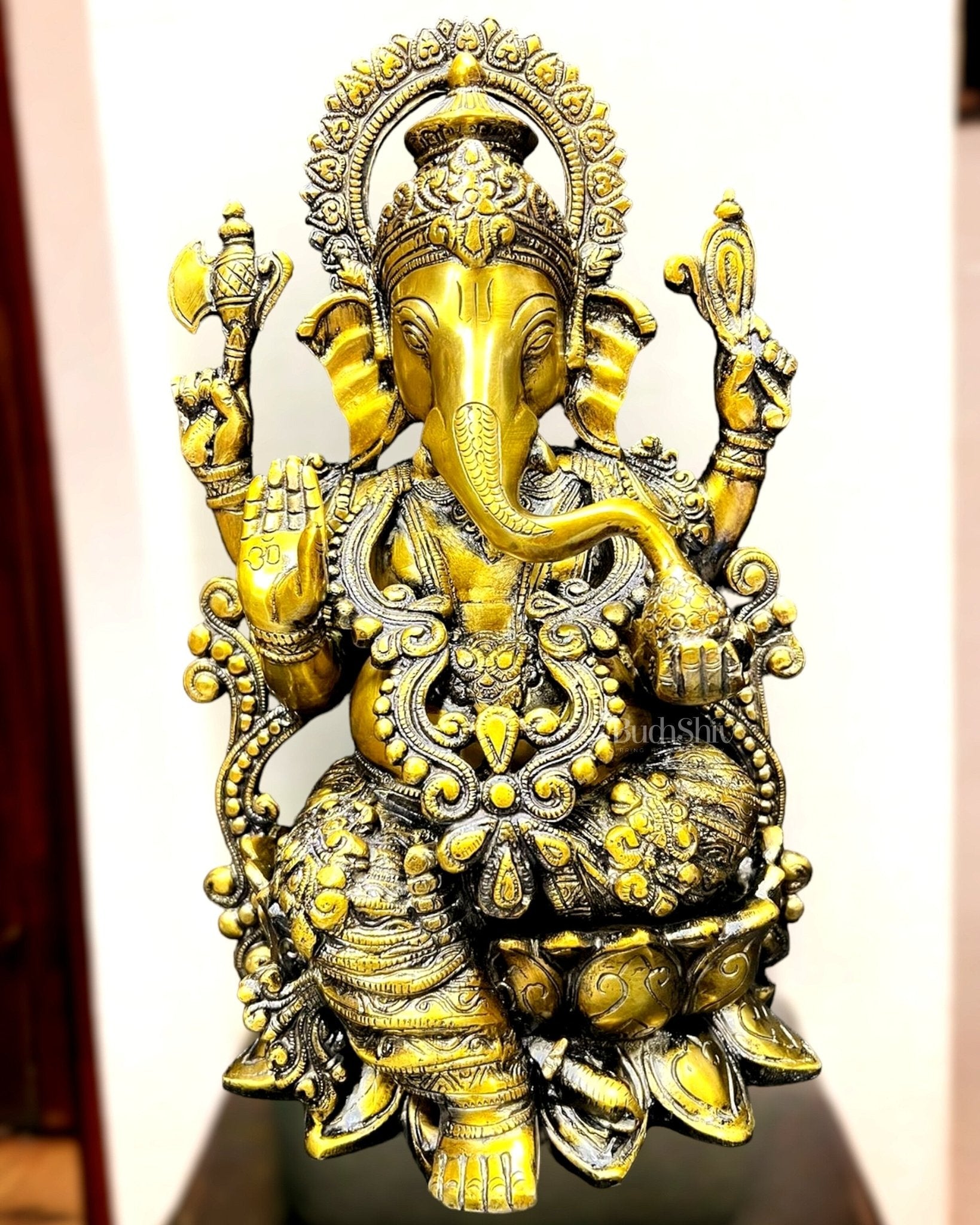 Ganesha on a lotus base brass idol 12 inches - Budhshiv.com