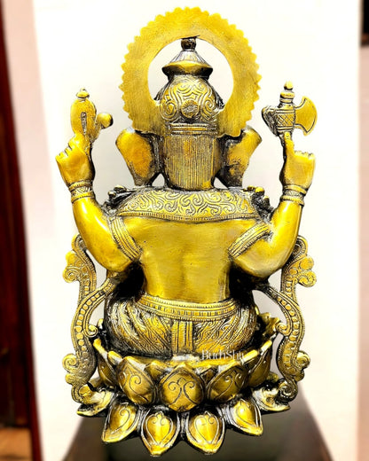 Ganesha on a lotus base brass idol 12 inches - Budhshiv.com