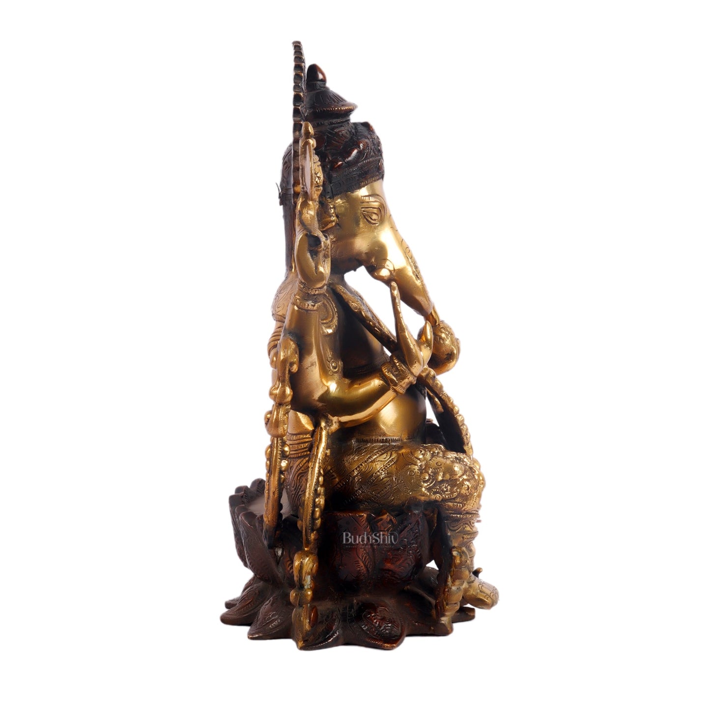 Ganesha on a lotus base large brass idol 12 inches in golden finish - Budhshiv.com