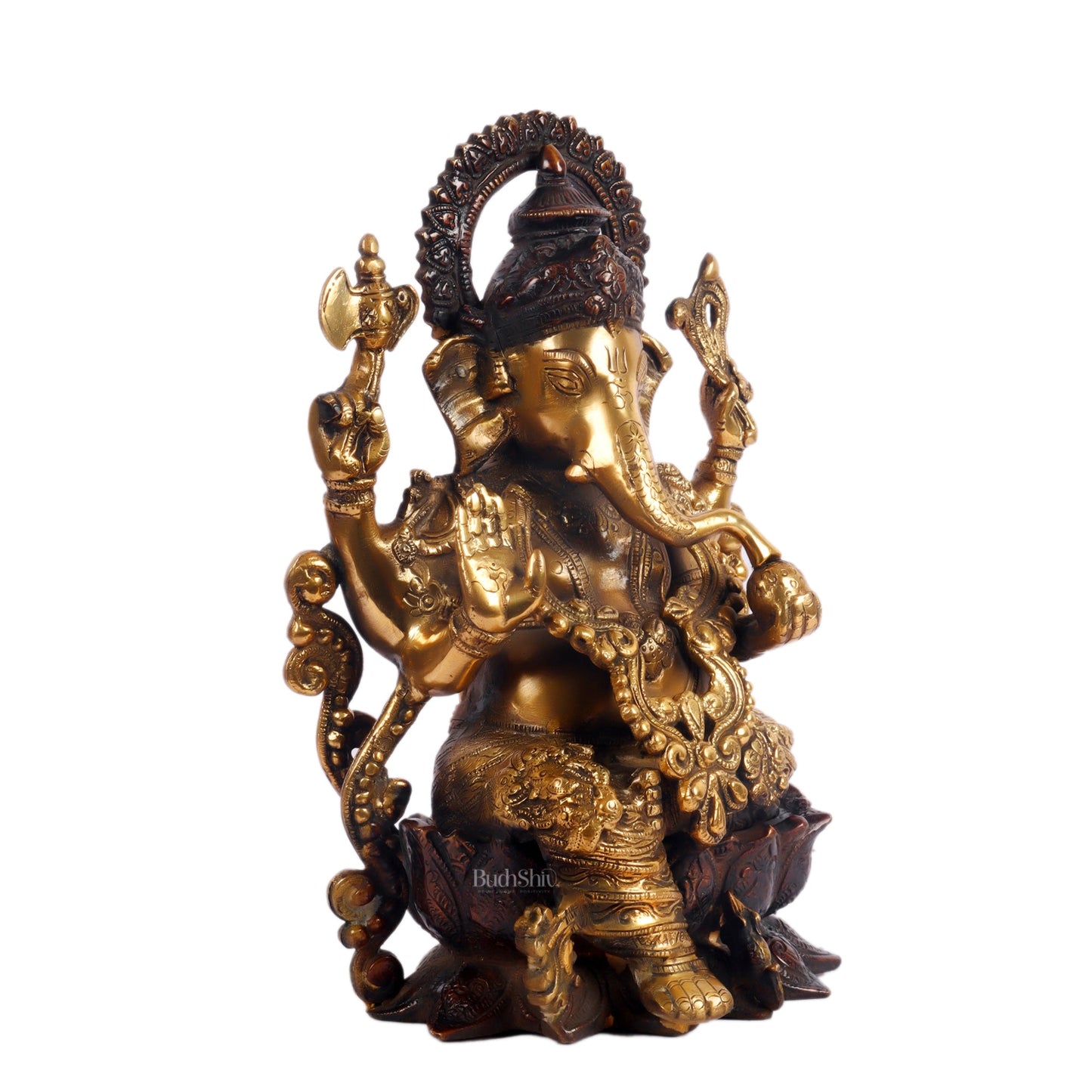 Ganesha on a lotus base large brass idol 12 inches in golden finish - Budhshiv.com