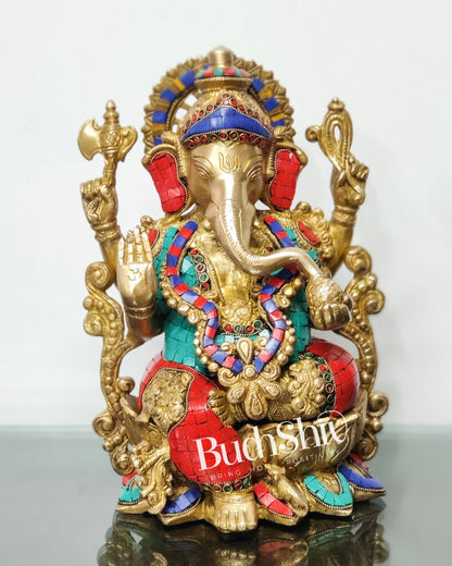 Ganesha on a lotus base large brass idol 12 inches with stonework - Budhshiv.com