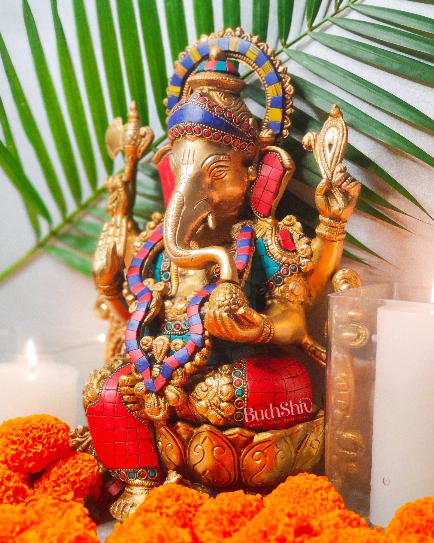 Ganesha on a lotus base large brass idol 12 inches with stonework - Budhshiv.com