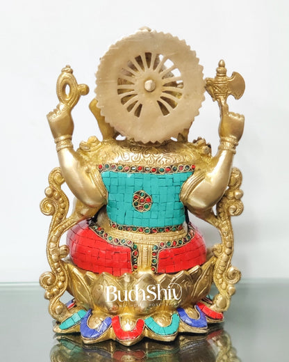 Ganesha on a lotus base large brass idol 12 inches with stonework - Budhshiv.com