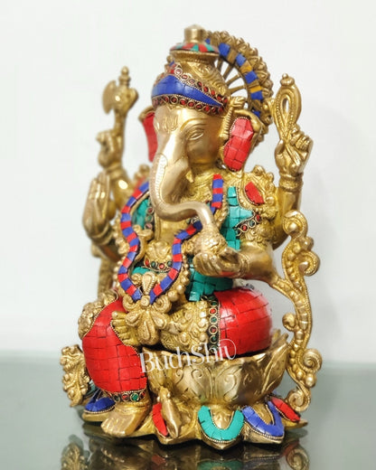 Ganesha on a lotus base large brass idol 12 inches with stonework - Budhshiv.com