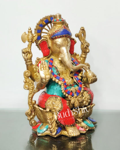 Ganesha on a lotus base large brass idol 12 inches with stonework - Budhshiv.com