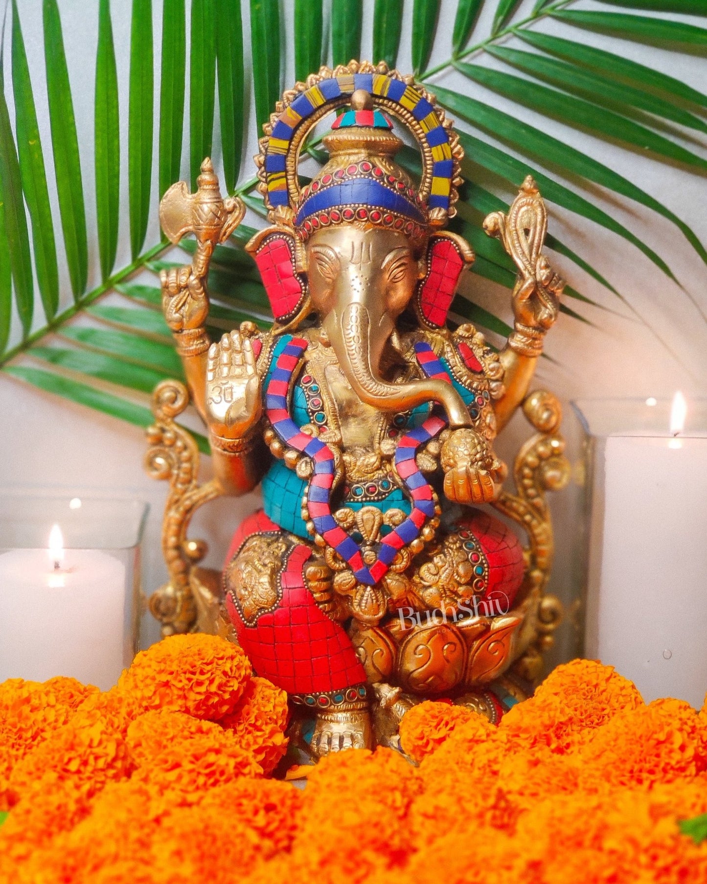 Ganesha on a lotus base large brass idol 12 inches with stonework - Budhshiv.com