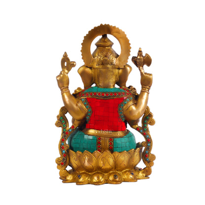 Ganesha on a lotus base large brass idol 12 inches with stonework - Budhshiv.com