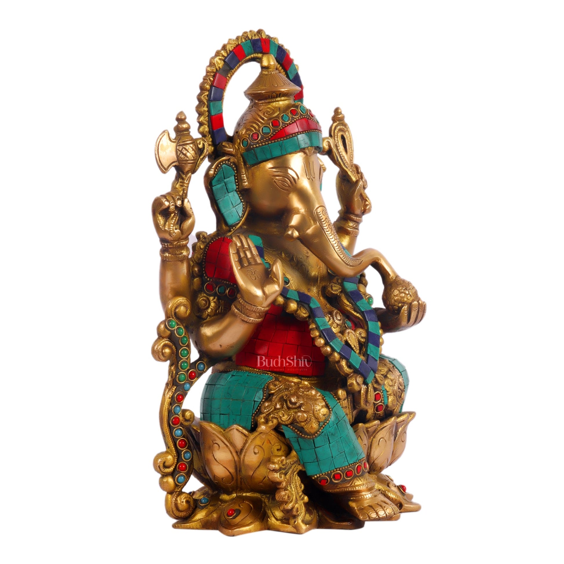 Ganesha on a lotus base large brass idol 12 inches with stonework - Budhshiv.com