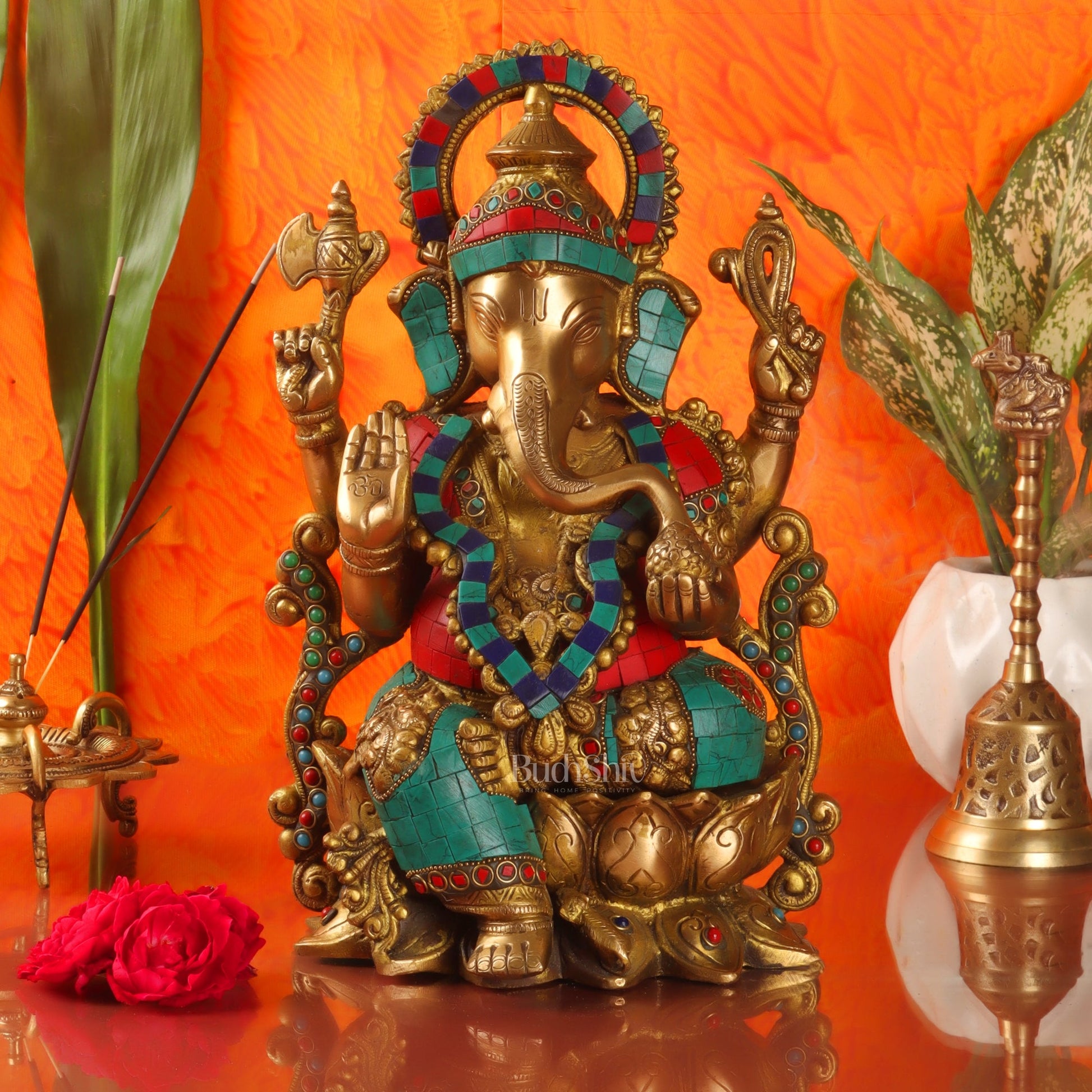 Ganesha on a lotus base large brass idol 12 inches with stonework - Budhshiv.com