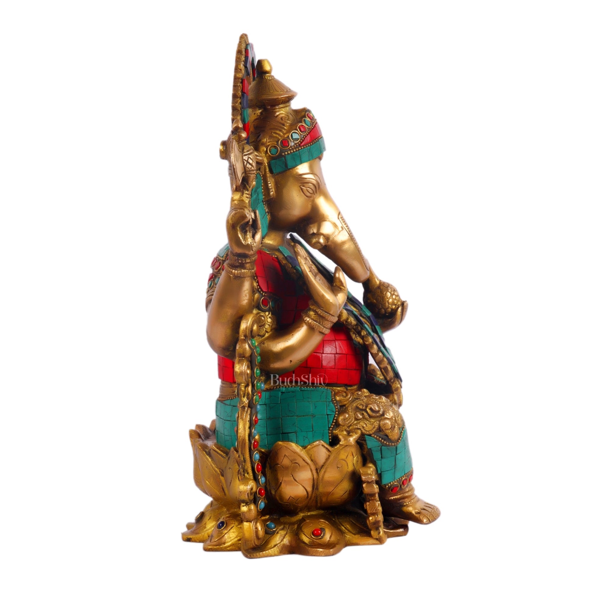 Ganesha on a lotus base large brass idol 12 inches with stonework - Budhshiv.com