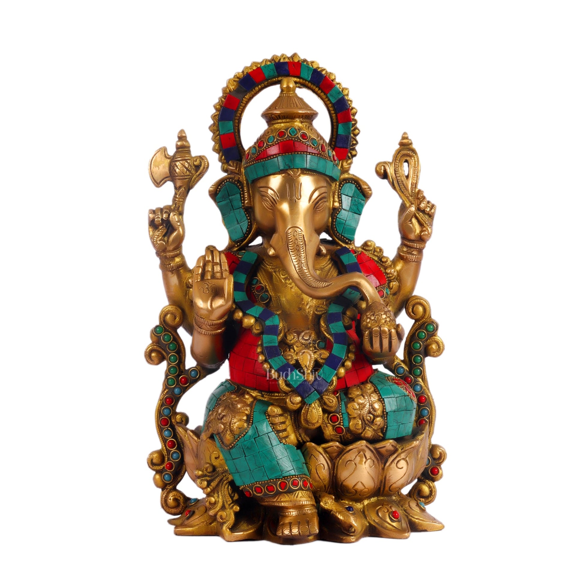 Ganesha on a lotus base large brass idol 12 inches with stonework - Budhshiv.com