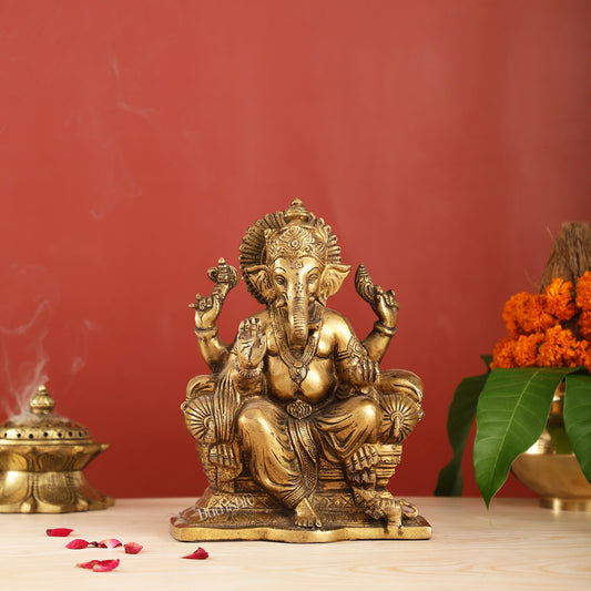 Ganesha on a sofa brass idol 9 inch antique finish - Budhshiv.com