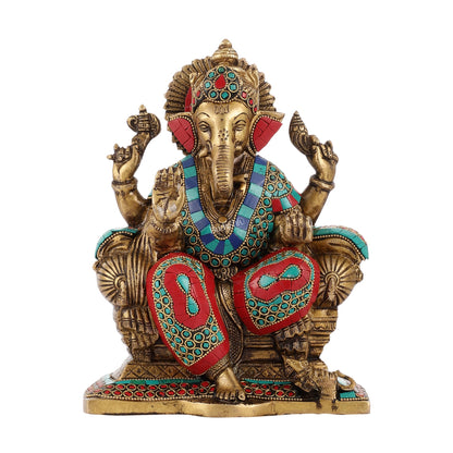 Ganesha on a sofa embossed brass idol 9 inch - Budhshiv.com