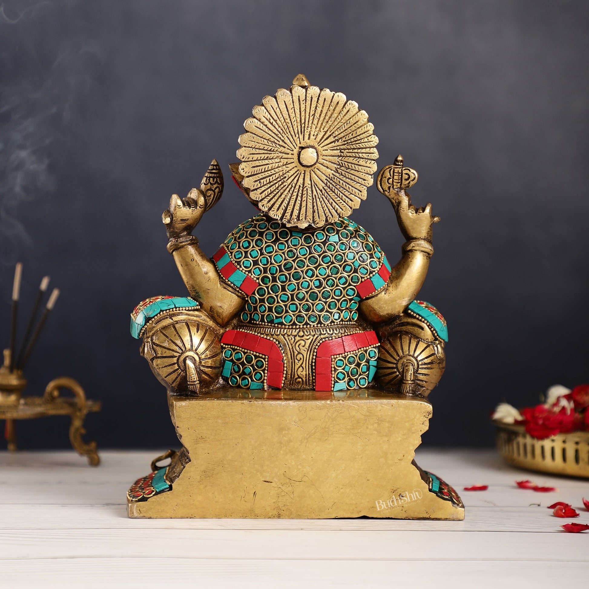 Ganesha on a sofa embossed brass idol 9 inch - Budhshiv.com