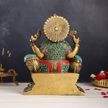 Ganesha on a sofa embossed brass idol 9 inch - Budhshiv.com